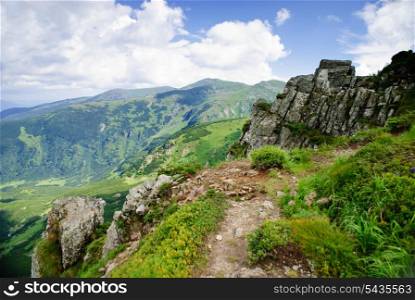 Beautiful blue sky and rock high up in Carpathian mountains