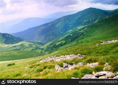 Beautiful blue sky and rock high up in Carpathian mountains, Czarnohora ridge