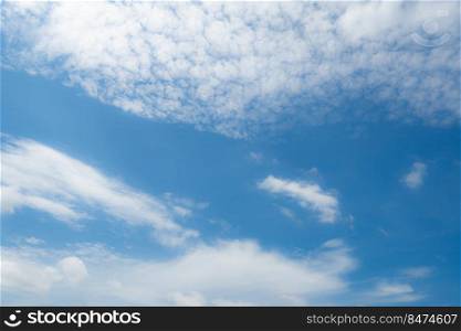 Beautiful blue sky and white clouds abstract background. Cloudscape background. Blue sky and fluffy white clouds on sunny day. Nature weather. Beautiful blue sky for happy day background. Summer sky.