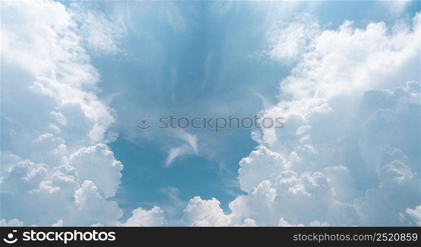 Beautiful blue sky and white cumulus clouds abstract background. Cloudscape background. Blue sky and fluffy white clouds on sunny day. Nature weather. Beautiful blue sky for happy day background.