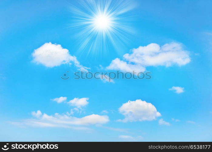 Beautiful blue sky. Beautiful blue sky with sunbeams and clouds. Sun rays.