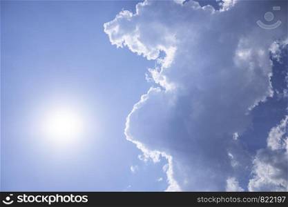 Beautiful blue sky with white clouds and sun, sunlight background abstract