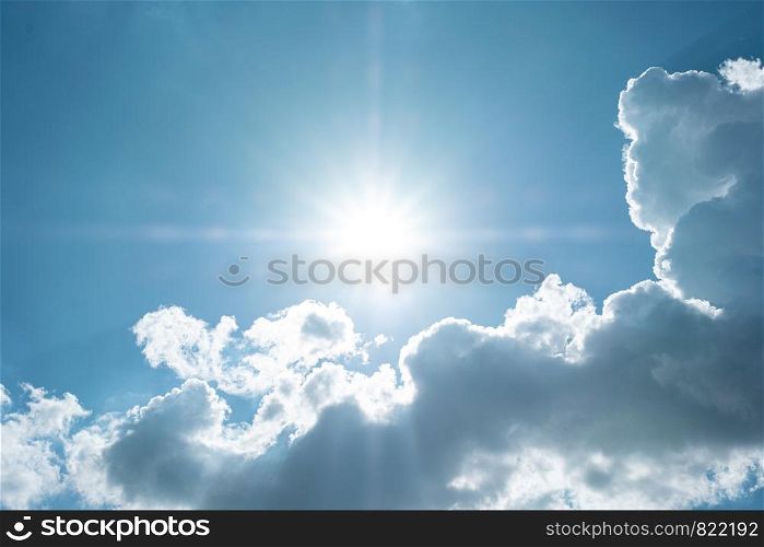 Beautiful blue sky with white clouds and sun, sunlight background abstract panorama
