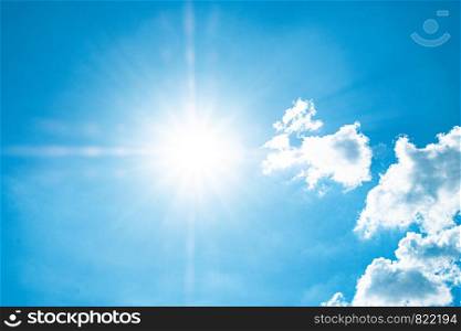 Beautiful blue sky with white clouds and sun, sunlight background abstract panorama