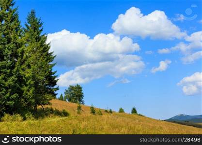 Beautiful blue sky with white cumulus clouds over summer Carpathian mountain (Ukraine, Verkhovyna district, Ivano-Frankivsk region).