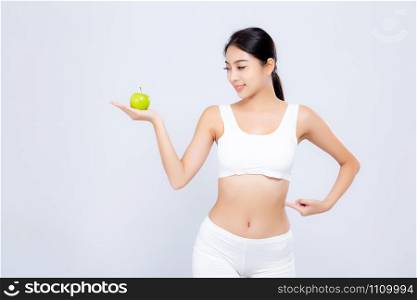 Beautiful body asian woman sexy slim holding green apple with cellulite for wellness, girl with fitness for weight loss and healthy isolated on white background, healthcare and diet concept.