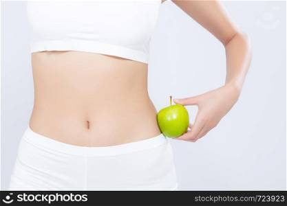Beautiful body woman sexy slim holding green apple with cellulite for wellness, girl with fitness for weight loss and healthy isolated on white background, healthcare and diet concept.