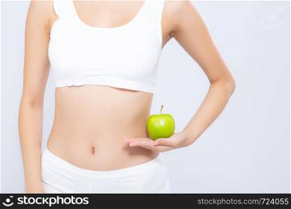 Beautiful body woman sexy slim holding green apple with cellulite for wellness, girl with fitness for weight loss and healthy isolated on white background, healthcare and diet concept.