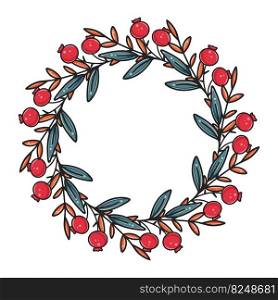 Beautiful botanical christmas wreath isolated vector illustration. Leafy and berry rim. Round natural frame for invitation or congratulations. Beautiful botanical christmas wreath isolated vector illustration