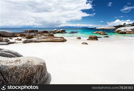 Beautiful Boulders beach landscape, panoramic view, amazing travel location, Siamon&rsquo;s Town, Western Cape, South Africa