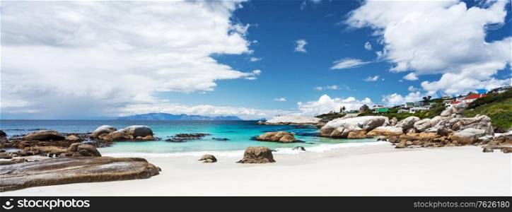 Beautiful Boulders beach landscape, panoramic view, amazing travel location, Simon&rsquo;s Town, Western Cape, South Africa