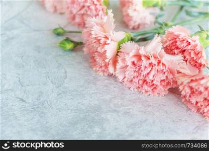 Beautiful bouquet of delicate flowers of pink carnations on a gray stone background
