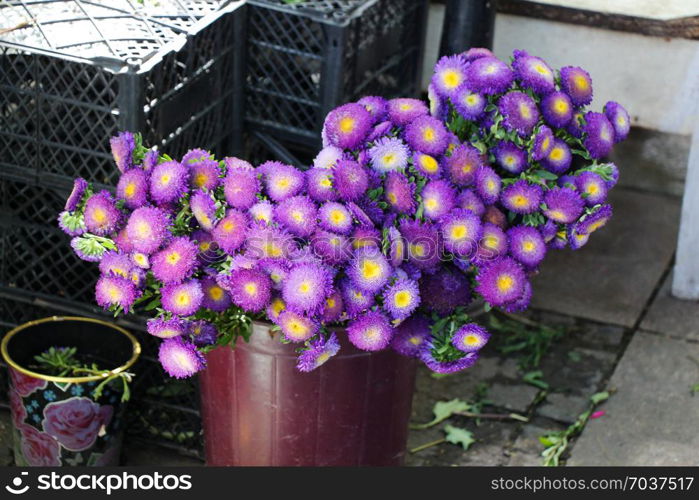 Beautiful bouquet of flowers on street flower vendor