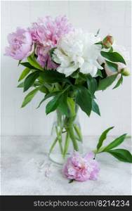 Beautiful bouquet of flowers  white and pink  peonies in a vase 
