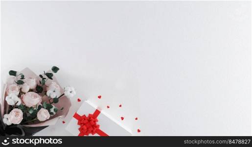 Beautiful bouquet of flowers with white gift box with red ribbon and heart shaped confetti on white background. Valentine&rsquo;s Day, Birthday concept. Beautiful romantic background. 3d rendering