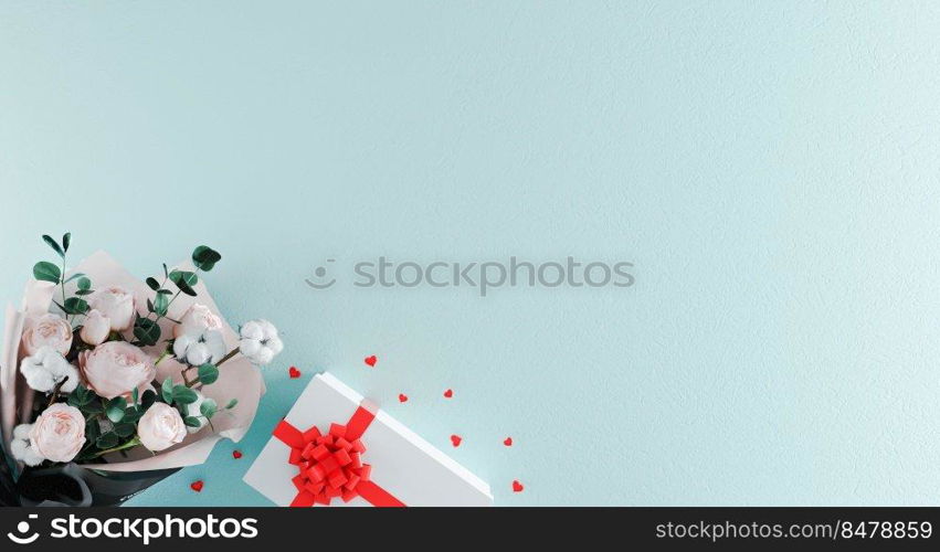 Beautiful bouquet of flowers with white gift box with red ribbon and heart shaped confetti on light blue background. Valentine’s Day, Birthday concept. Beautiful romantic background. 3d rendering