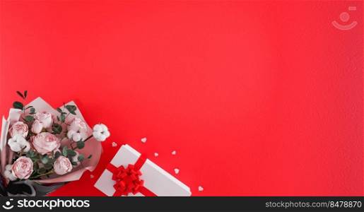 Beautiful bouquet of flowers with white gift box with red ribbon and heart shaped confetti on red background. Valentine’s Day, Birthday concept. Beautiful romantic background. 3d rendering