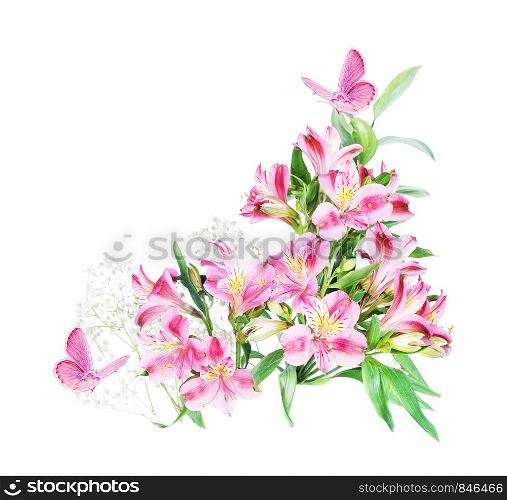 Beautiful bouquet of red alstromeria flowers with pink butterfly isolated on a white background