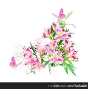 Beautiful bouquet of red alstromeria flowers with pink butterfly isolated on a white background