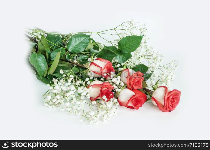 Beautiful bouquet of red rose flowers isolated on light gray background