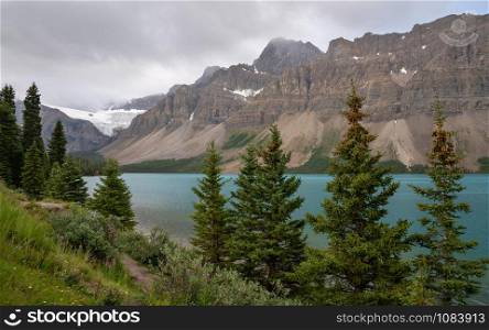 Beautiful Bow Lake on a cloudy day, Icefield Parkway, Banff National Park, Alberta, Canada