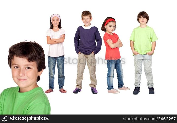 Beautiful boy and his friends isolated on a over white background