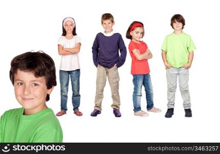 Beautiful boy and his friends isolated on a over white background