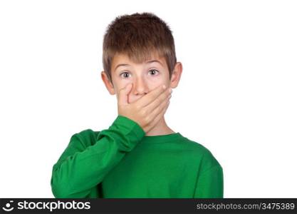 Beautiful boy covering his mouth isolated on a over white background