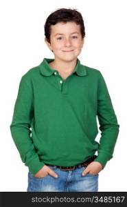 Beautiful boy dressed in green isolated on a over white background