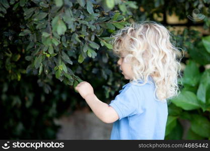 Beautiful boy three year old with long blond hair near of a tree