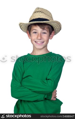Beautiful boy with straw hat isolated on a over white background