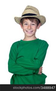 Beautiful boy with straw hat isolated on a over white background