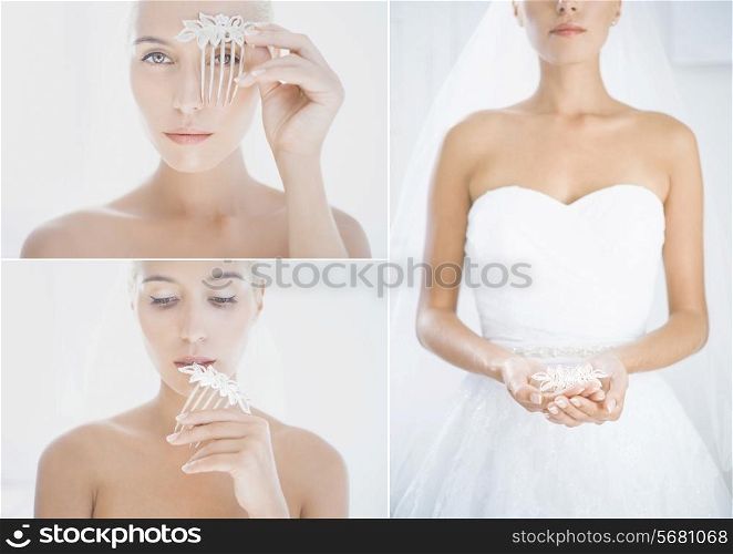 Beautiful bride holding a comb. Fashion art photo collage