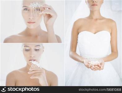 Beautiful bride holding a comb. Fashion art photo collage