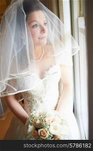 Beautiful Bride Wearing Wedding Dress Holding Bouquet