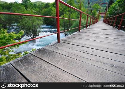 beautiful bridge in nature over wild river