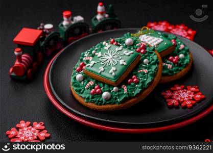 Beautiful bright colorful homemade gingerbread cookies on a ceramic plate on a dark concrete background