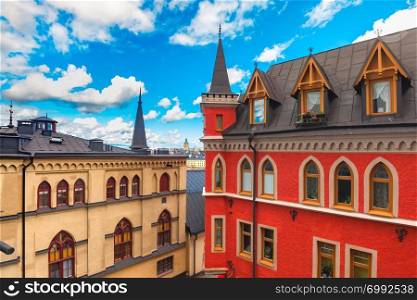 Beautiful bright houses with turrets in district Sodermalm, Soder in the Old Town in Stockholm , capital of Sweden. Sodermalm in Stockholm, Sweden