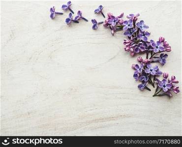 Beautiful, bright lilac lying on a white, wooden table. View from above, close-up. Beautiful lilac lying on a wooden table
