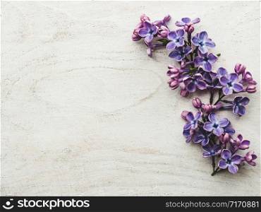 Beautiful, bright lilac lying on a white, wooden table. View from above, close-up. Beautiful lilac lying on a wooden table