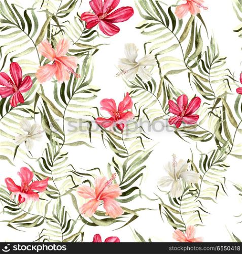 Beautiful bright watercolor pattern with flowers of hibiscus and. Beautiful bright watercolor pattern with flowers of hibiscus and tropical leaves. Beautiful bright watercolor pattern with flowers of hibiscus and tropical leaves. Illustration.