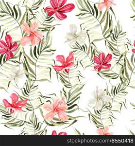 Beautiful bright watercolor pattern with flowers of hibiscus and. Beautiful bright watercolor pattern with flowers of hibiscus and tropical leaves. Beautiful bright watercolor pattern with flowers of hibiscus and tropical leaves. Illustration.