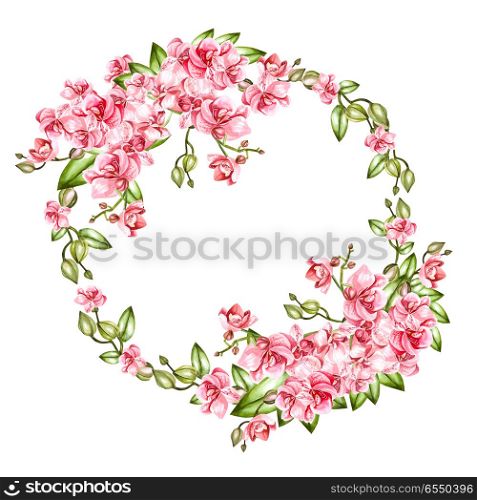Beautiful, bright watercolor wreath with orchids. Illustration. Beautiful, bright watercolor wreath with orchids. . Beautiful, bright watercolor wreath with orchids. Illustration