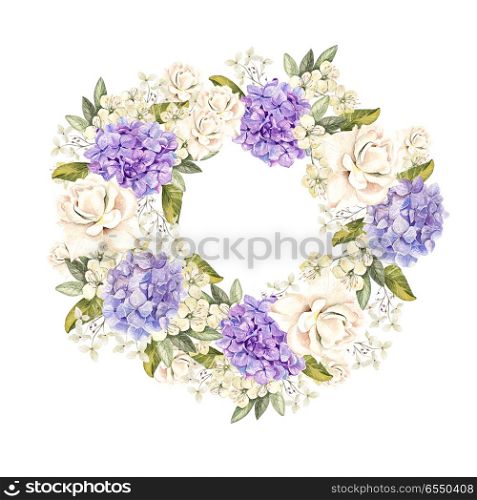 Beautiful, bright watercolor wreath with roses and hudrangea.. Beautiful, bright watercolor wreath with roses and hudrangea. Illustration
