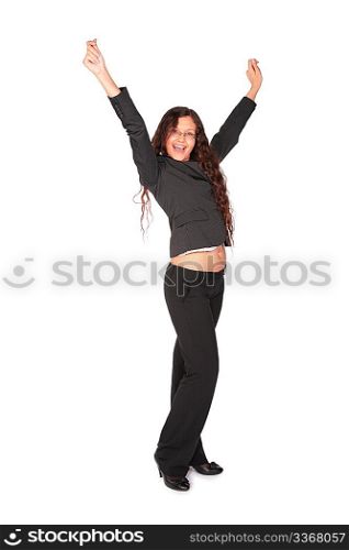 beautiful brown-haired woman with raised hands