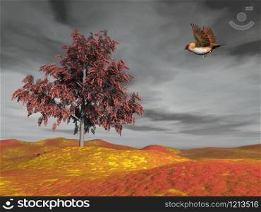Beautiful brown small bird flying to autumn tree by grey cloudy day. Bird flying to autumn tree - 3D render