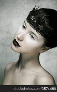 Beautiful Brunette Fashion Model with Black Lips Make-up
