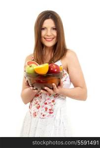 beautiful brunette girl holding cup of fruits over white