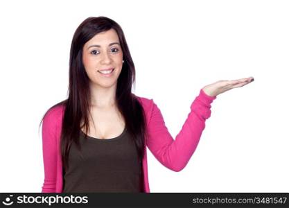Beautiful brunette girl indicating something isolated on a over white background