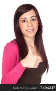 Beautiful brunette girl saying Ok isolated on a over white background